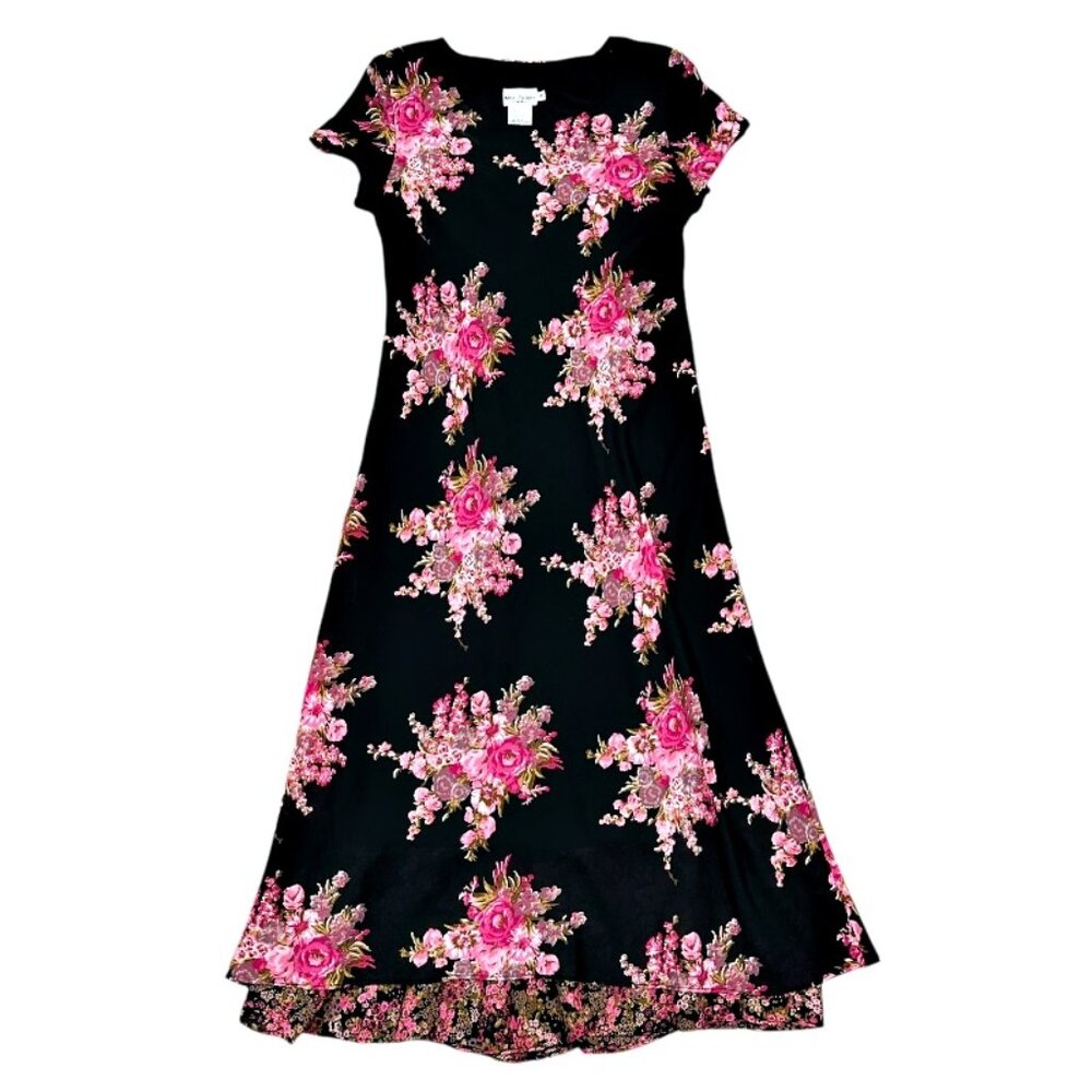 VTG Miss Dorby Black Pink Flowers Midaxi Dress Size 10 Dark Floral Romantic 90s